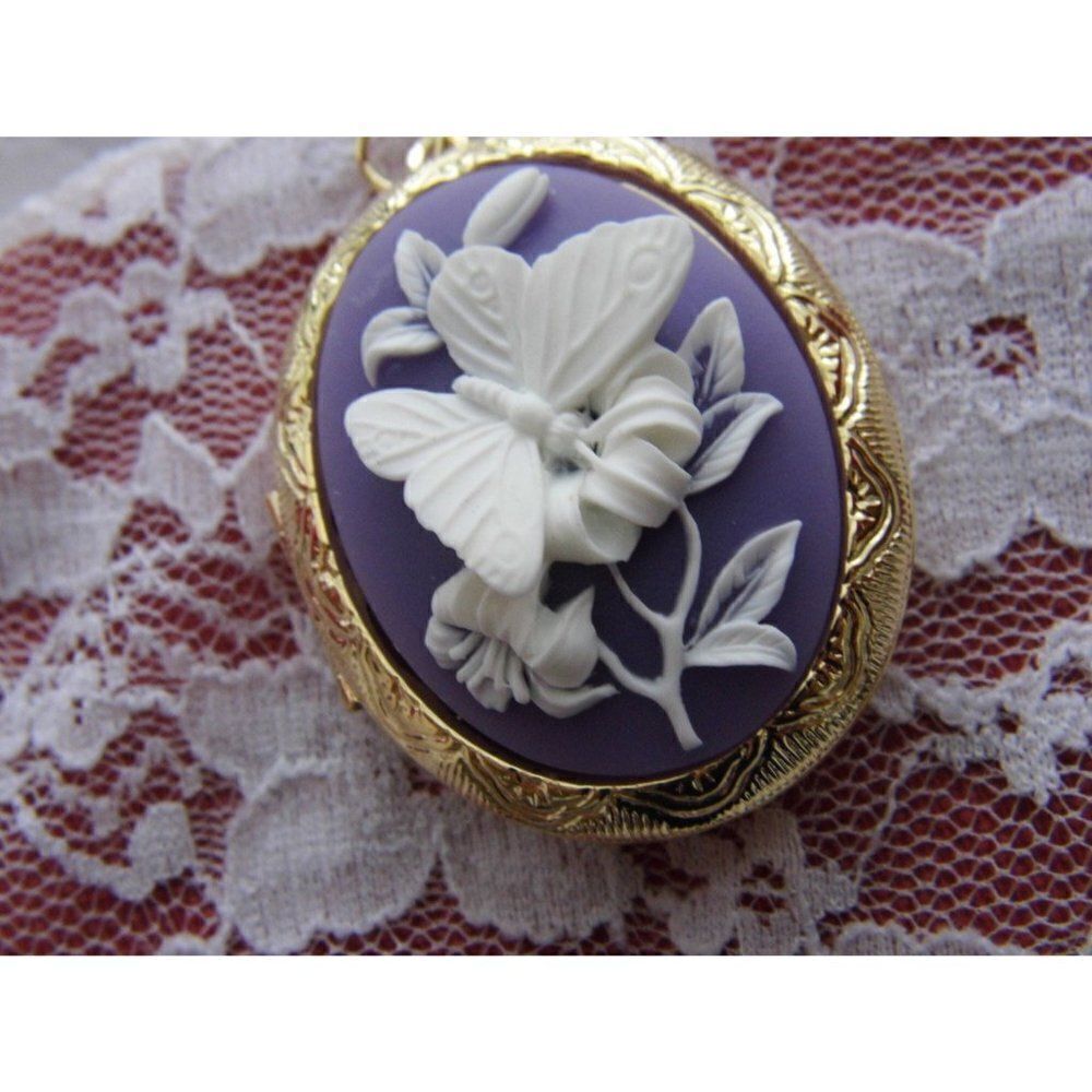 Anniversary wedding birthday Locket Purple Lavender & White Butterfly Necklace
